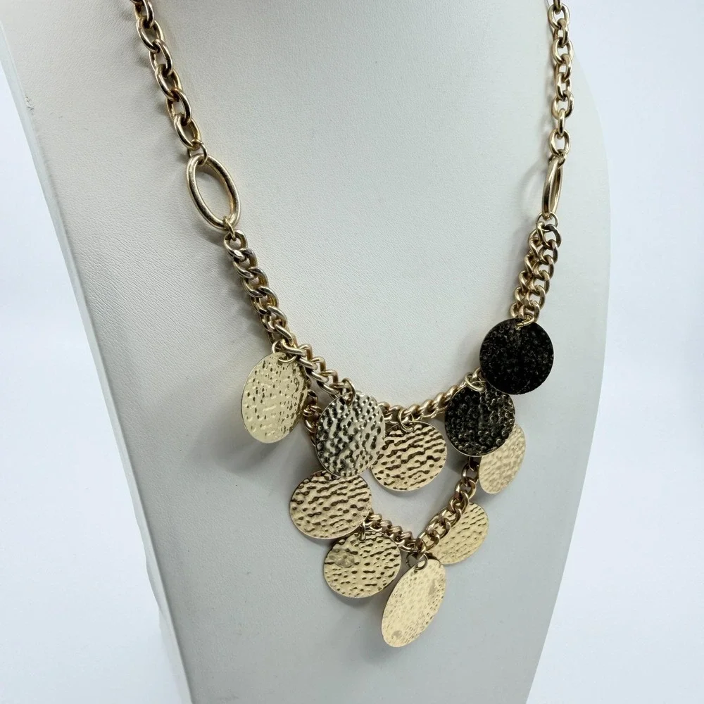 Vintage Boho Gold Tone Hammered Disc Bib Necklace Y2K Statement Chunky Chain